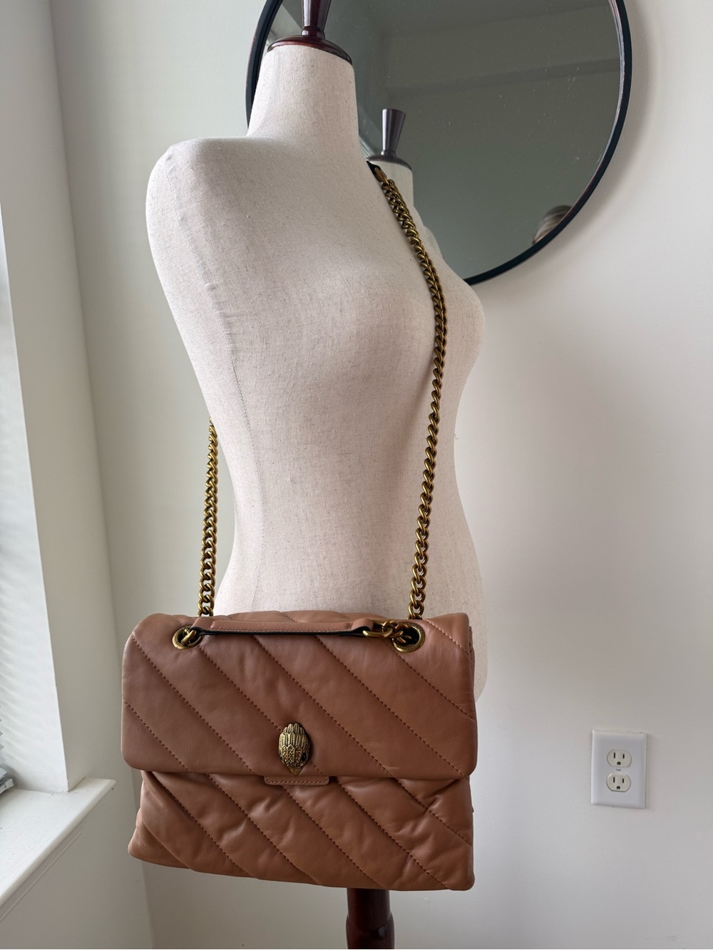 Kurt Geiger Quilted Leather Camel Brown Shoulder Bag with Gold Chain